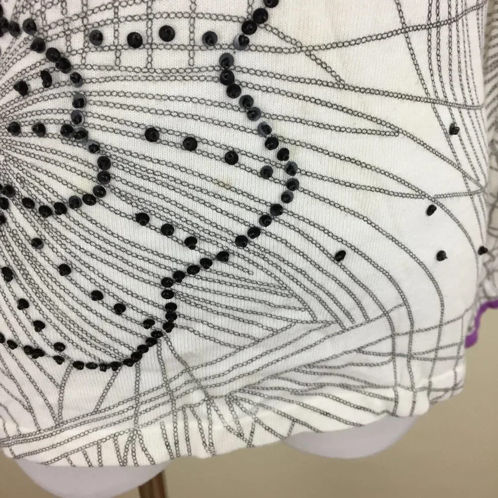 BCBGMAXAZRIA White Black Beads Floral Print Purple Trim Silk Blend Sweater - Picture 12 of 15